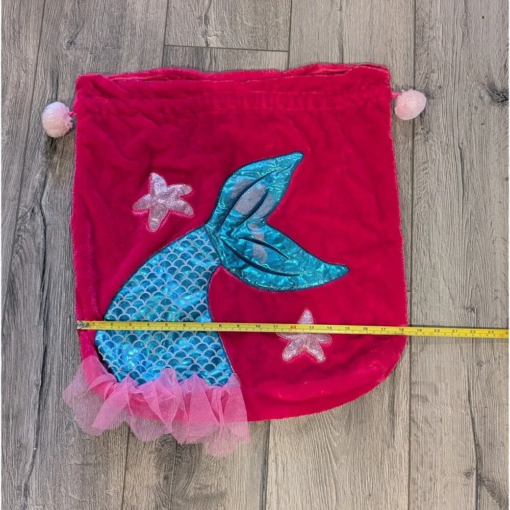 Pink Velour XL DrawstringGift Bag w/Turquoise Satin Mermaid Applique -19W x 22L